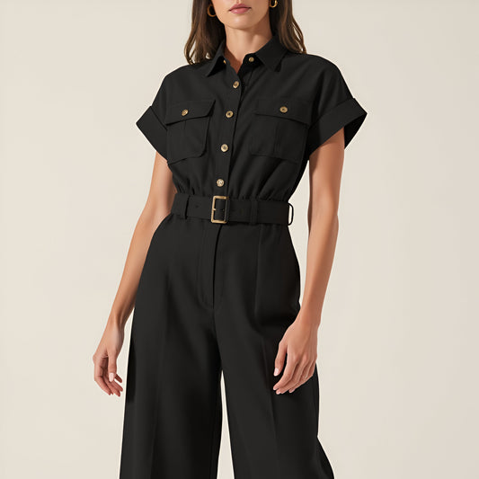Cotton Blend Collared Jumpsuit with Side Patch Pockets and Removable Belt