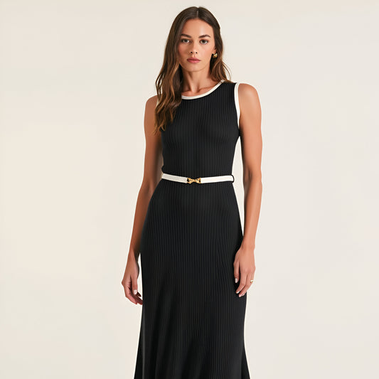 Sleeveless Ribbed Midi Dress with Contrast Trim and Waist Belt Detail