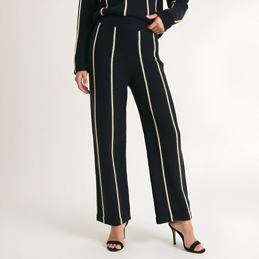 Wide Leg Knit Pants with Contrasting Vertical Stripe and Ribbed Waistband