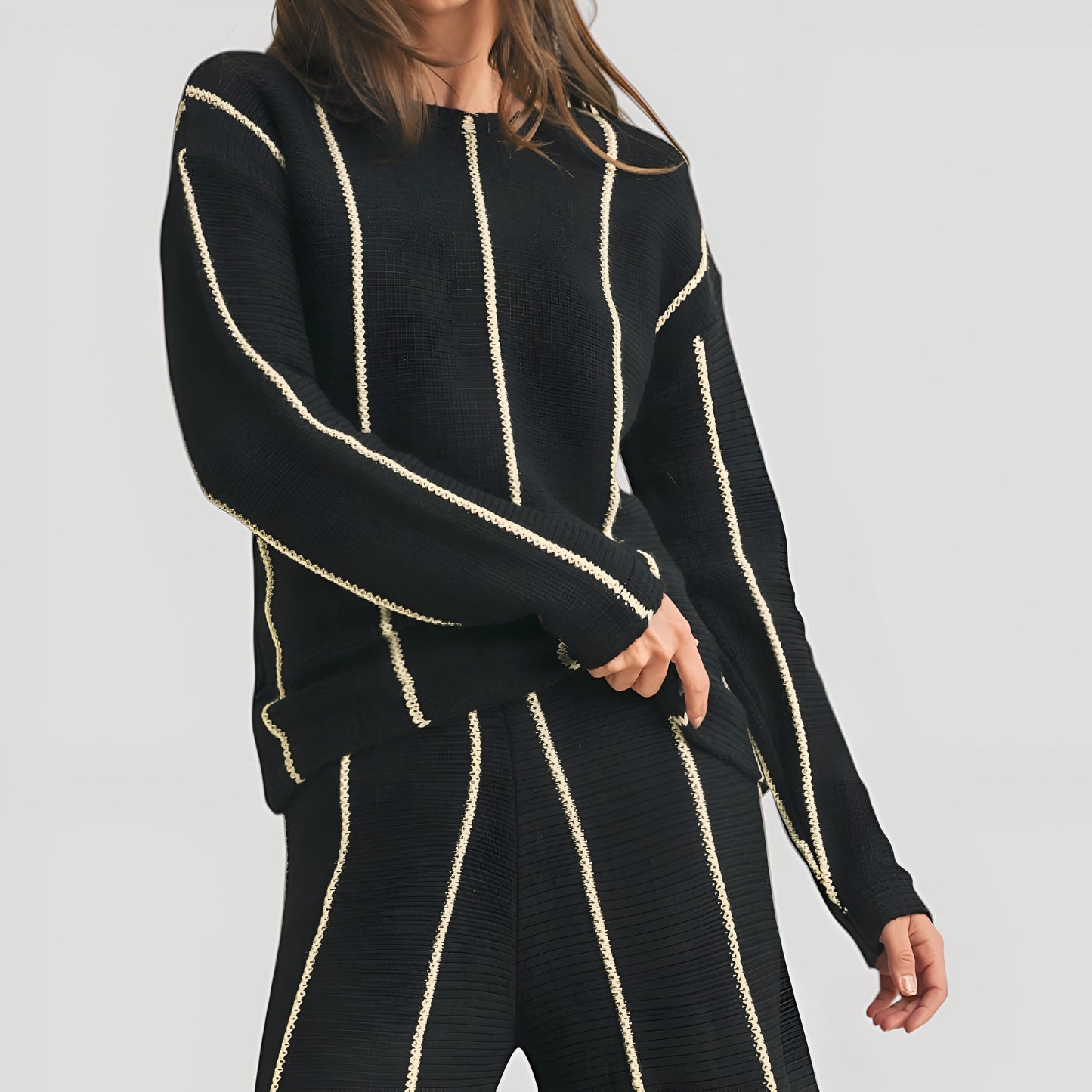 Vertical Stripe Long Sleeve Knit Pullover Sweater