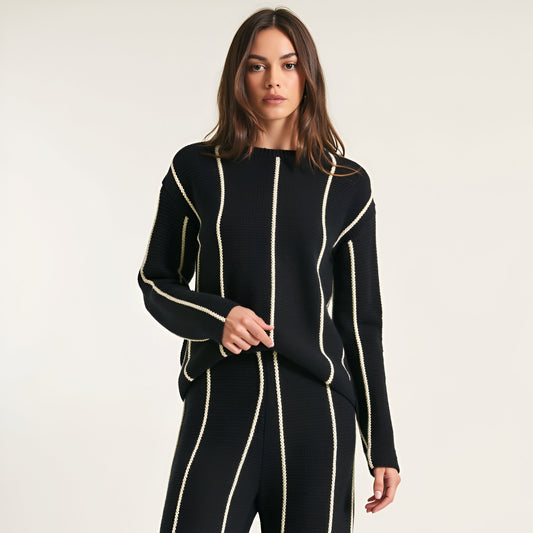 Vertical Stripe Long Sleeve Knit Pullover Sweater