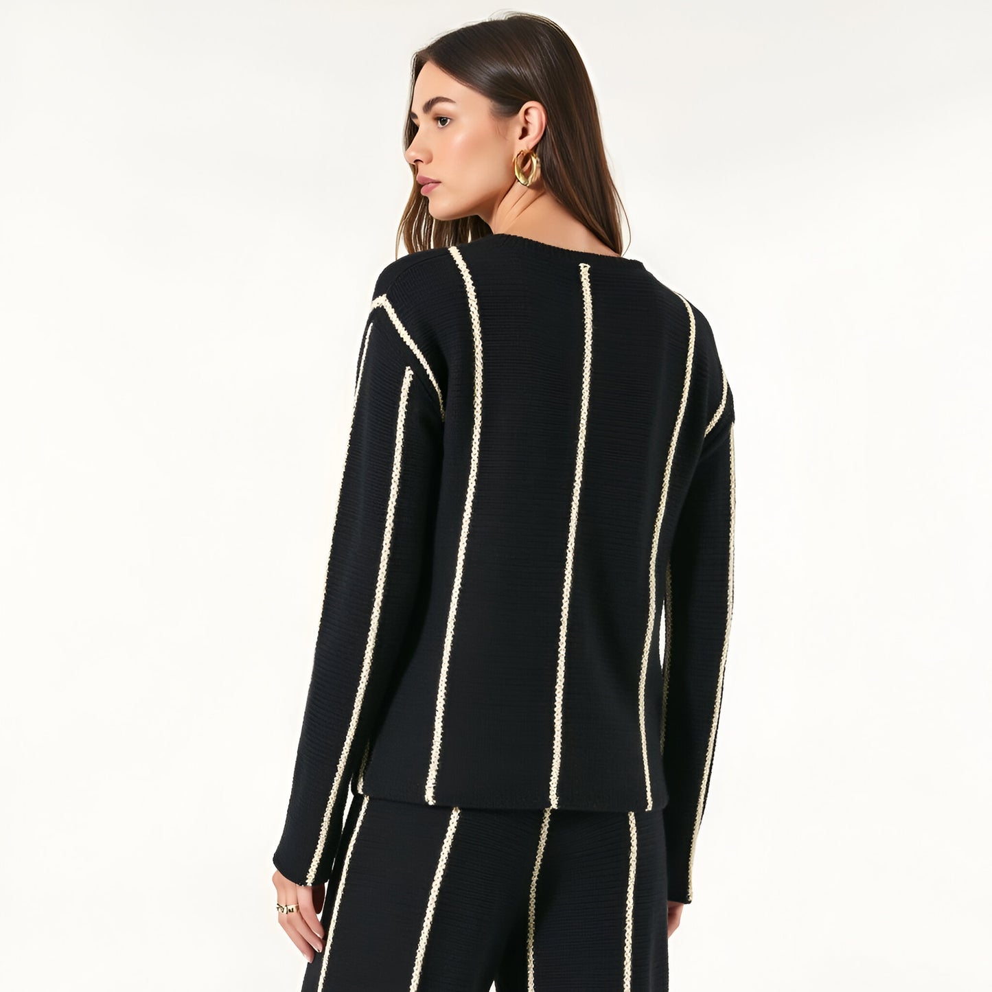 Vertical Stripe Long Sleeve Knit Pullover Sweater