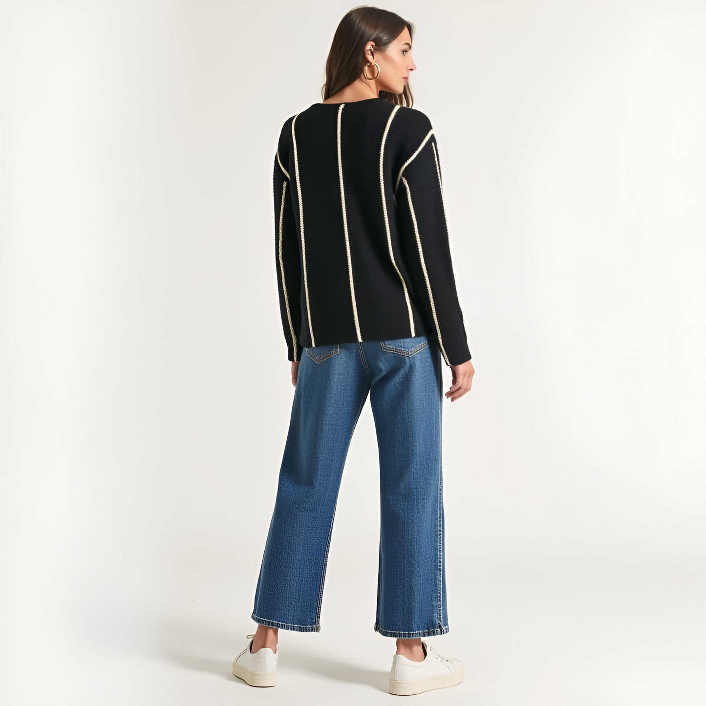 Vertical Stripe Long Sleeve Knit Pullover Sweater