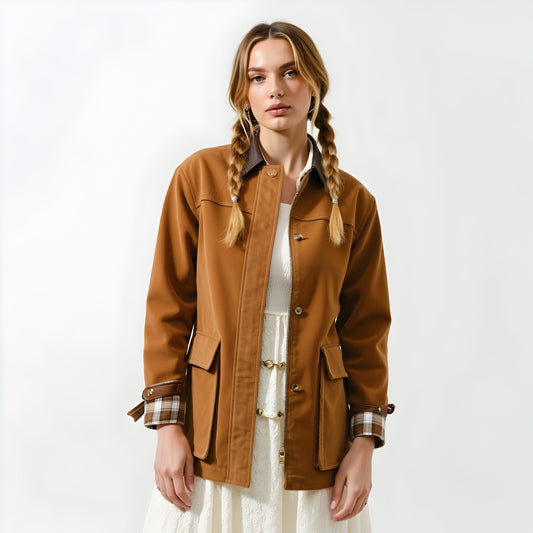 Long Utility Jacket with Plaid Lining, Buckle Cuffs and Flap Pockets