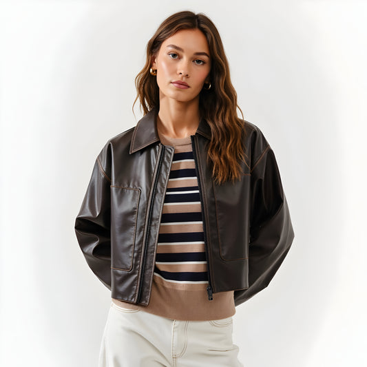 Faux Leather Zip Jacket with Spread Collar and Oversized Patch Pockets