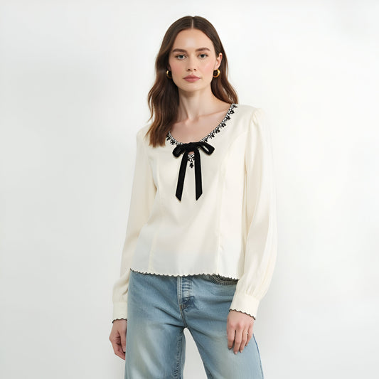 Embroidered Blouse with Velvet Bow and Scalloped Hem
