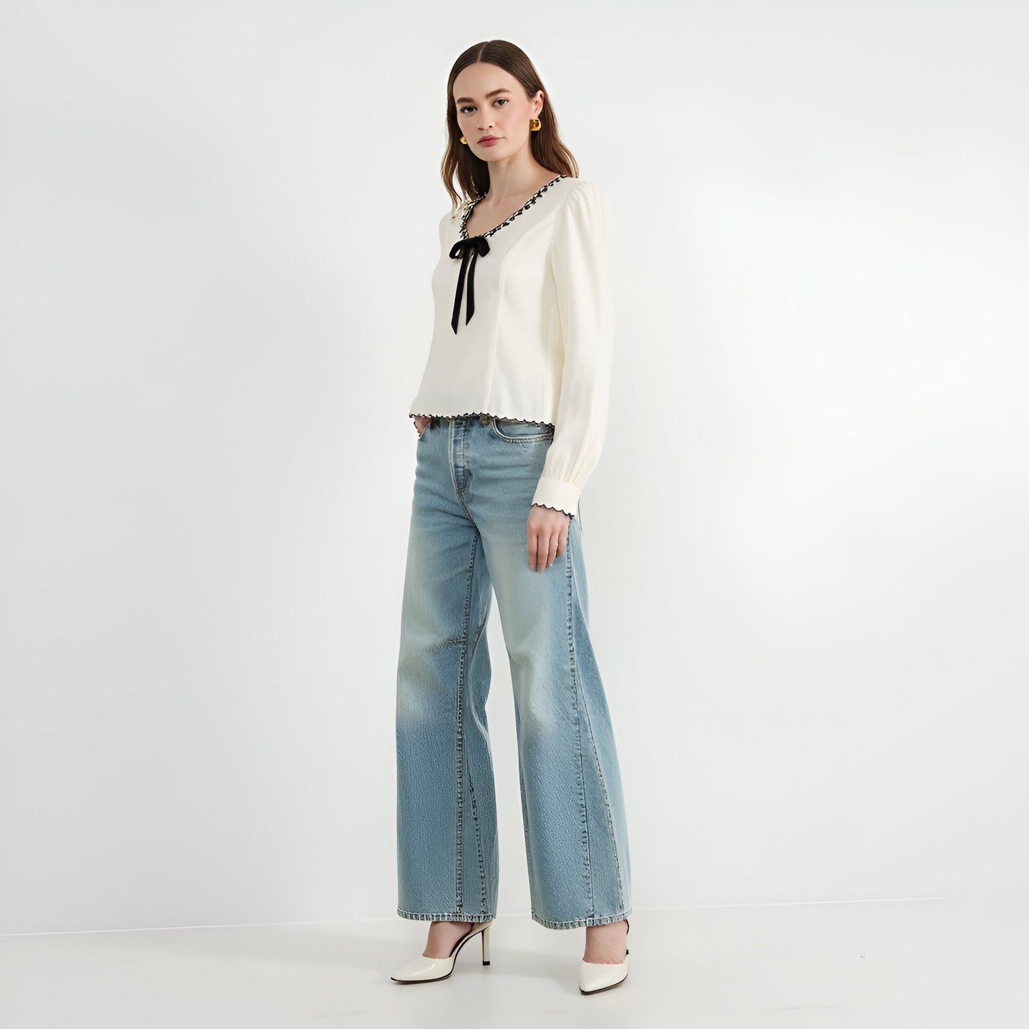 Embroidered Blouse with Velvet Bow and Scalloped Hem