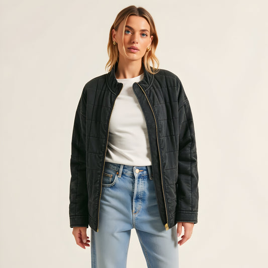 Quilted Zip-Up Jacket with Stand Collar and Square Stitch Detailing