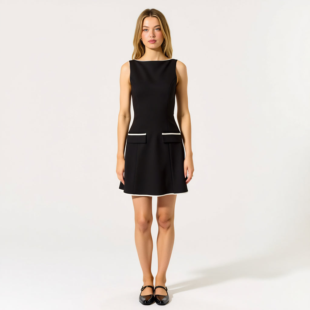 Sleeveless Contrast Trim Mini Black Sleek Dress with Welt Pocket