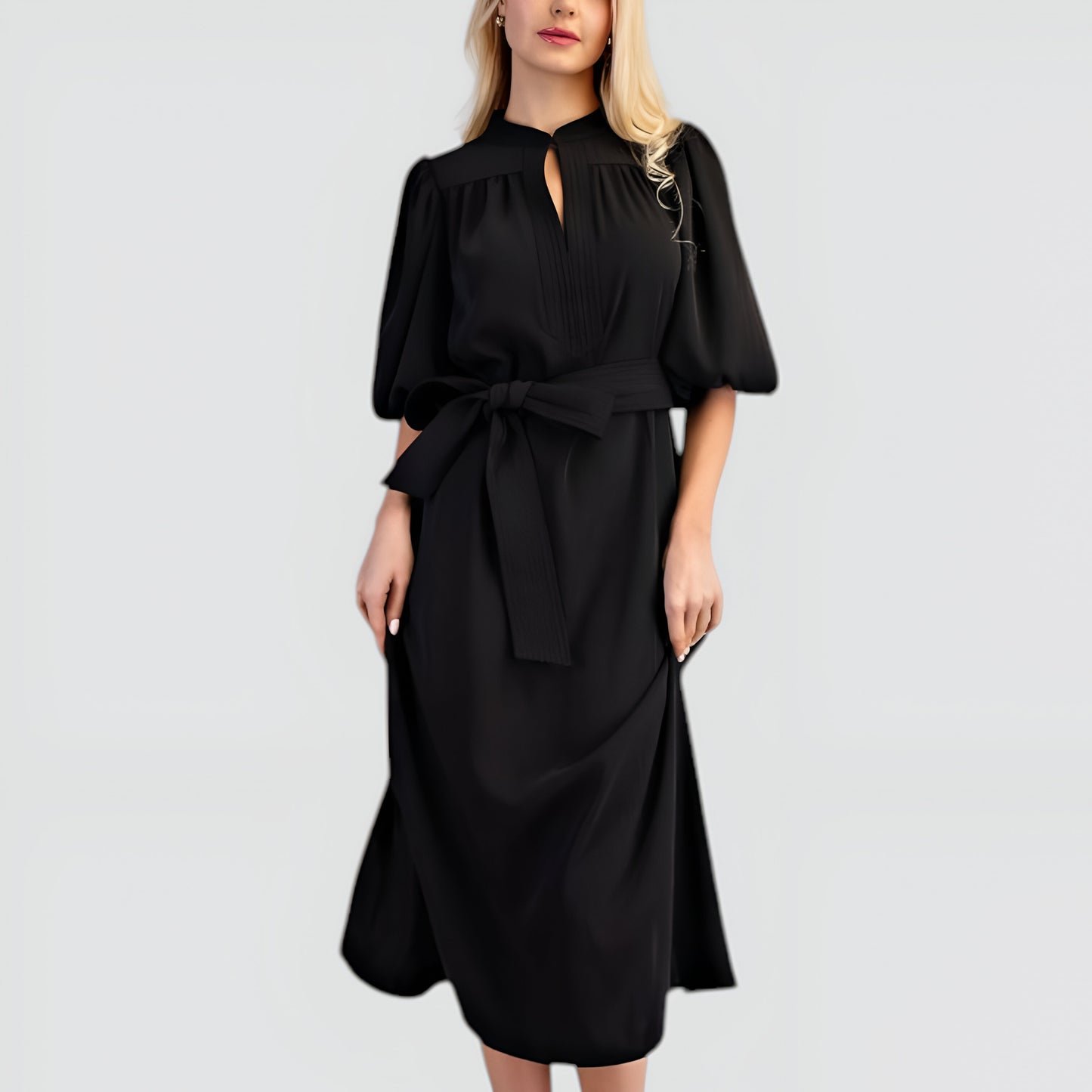Belted Midi Dress with Puff Elbow Sleeves and Front Keyhole Detail