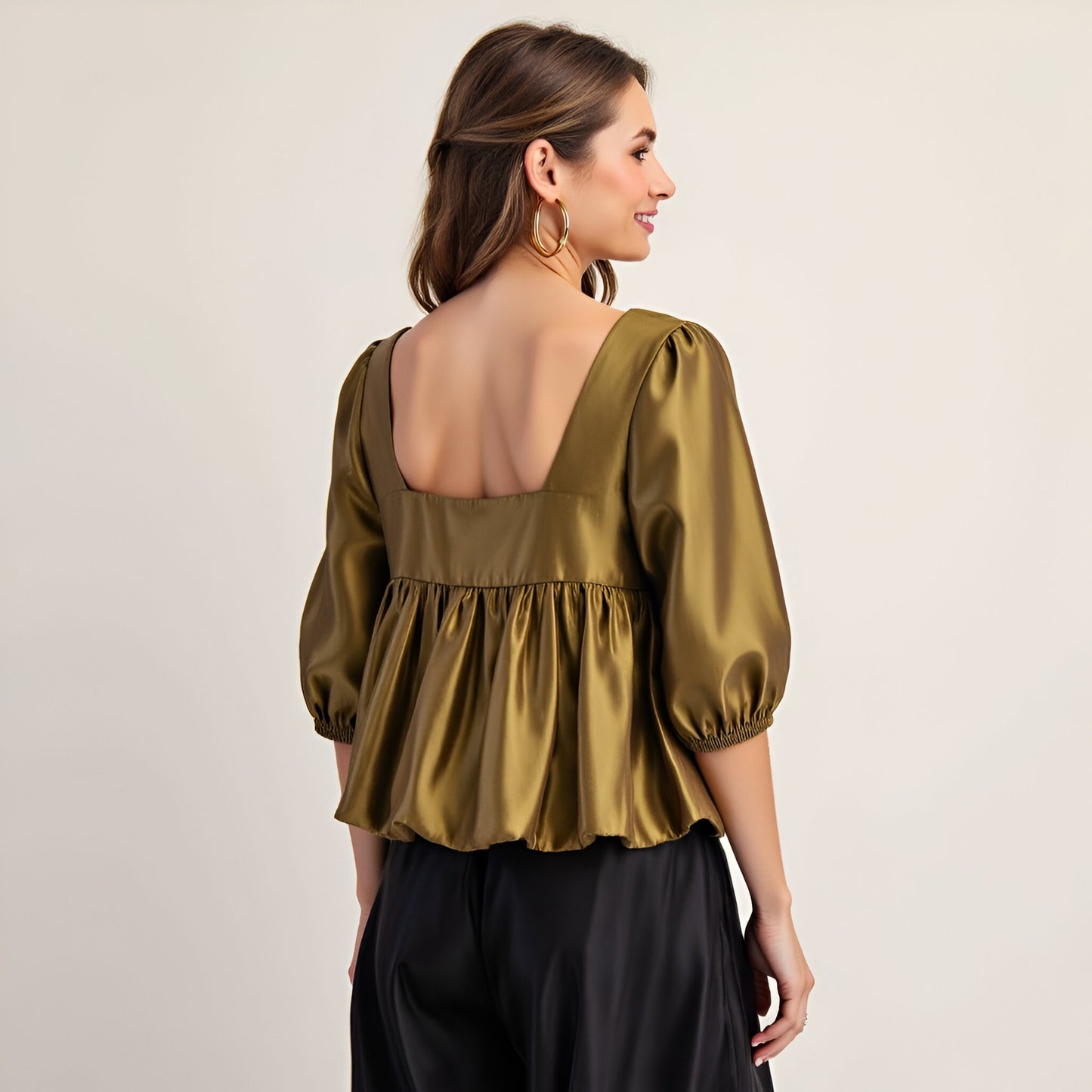 Gathered Bubble Hem Top with Puff Sleeves and Square Neckline