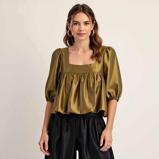Gathered Bubble Hem Top with Puff Sleeves and Square Neckline