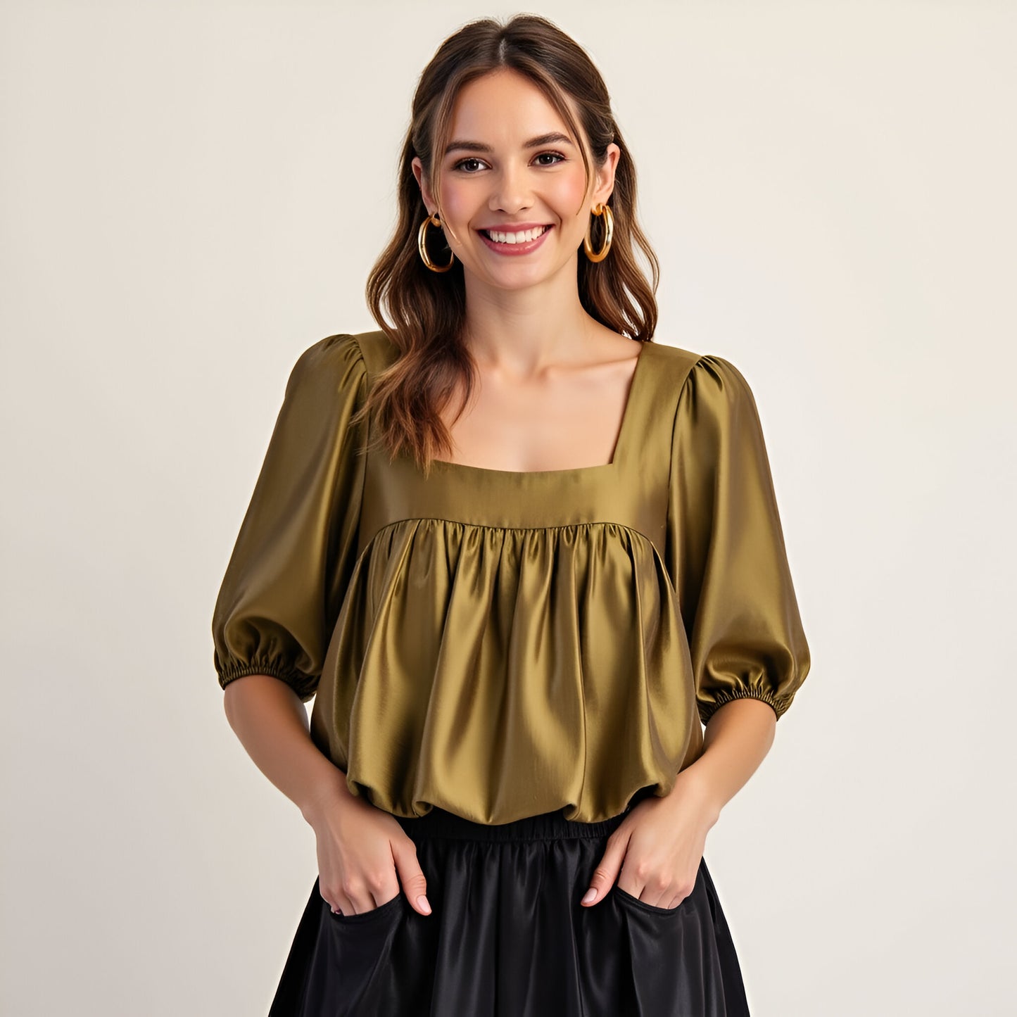 Gathered Bubble Hem Top with Puff Sleeves and Square Neckline