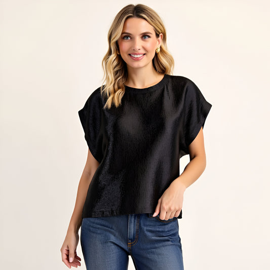 Short Sleeve Textured Satin Blouse with Relaxed Fit and Keyhole Back