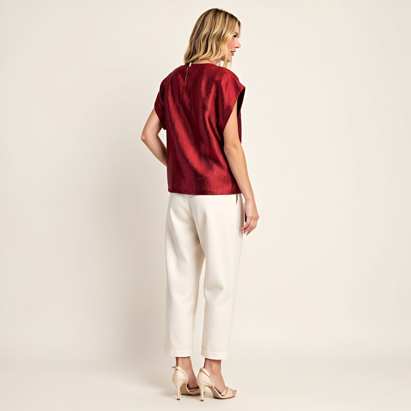 Short Sleeve Textured Satin Blouse with Relaxed Fit and Keyhole Back