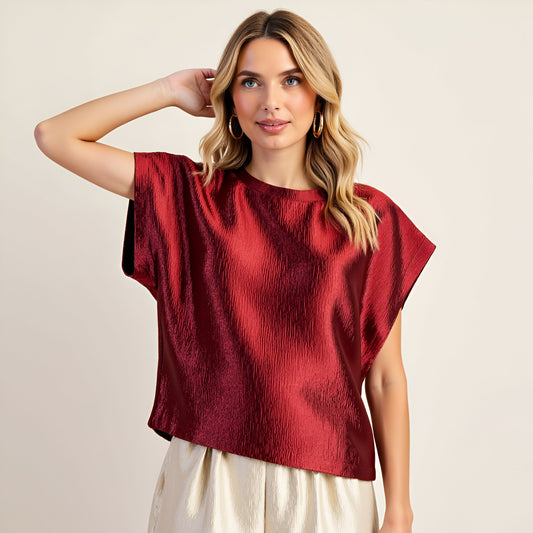 Short Sleeve Textured Satin Blouse with Relaxed Fit and Keyhole Back