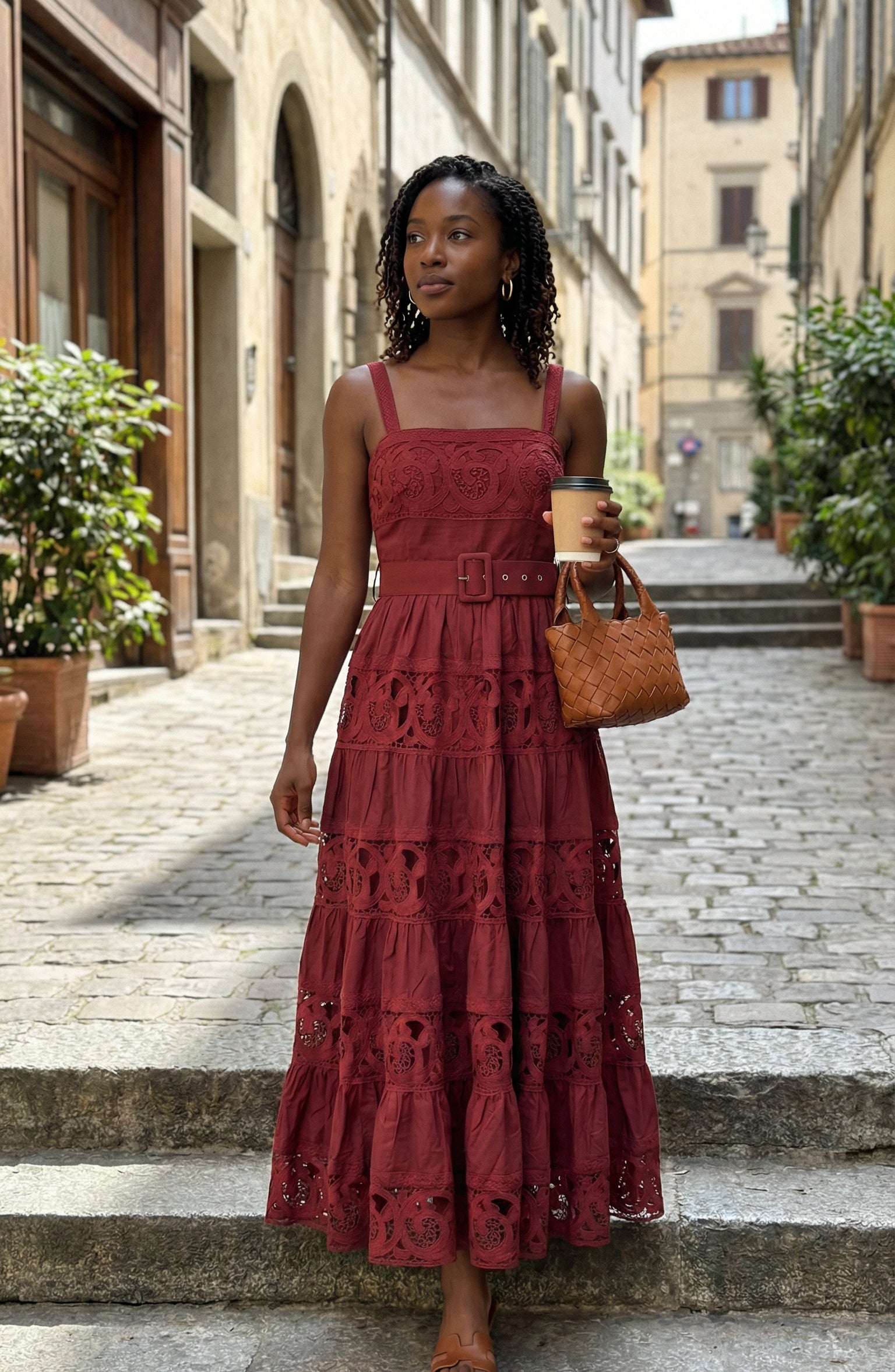 Belted Tiered Lace Midi Dress with Square Neck – Modenaire