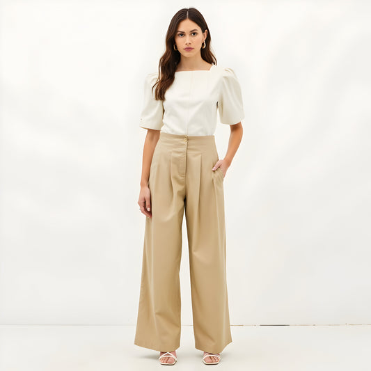 Pleated Wide-Leg Trousers with High Waist, Front Creases and Front Zip