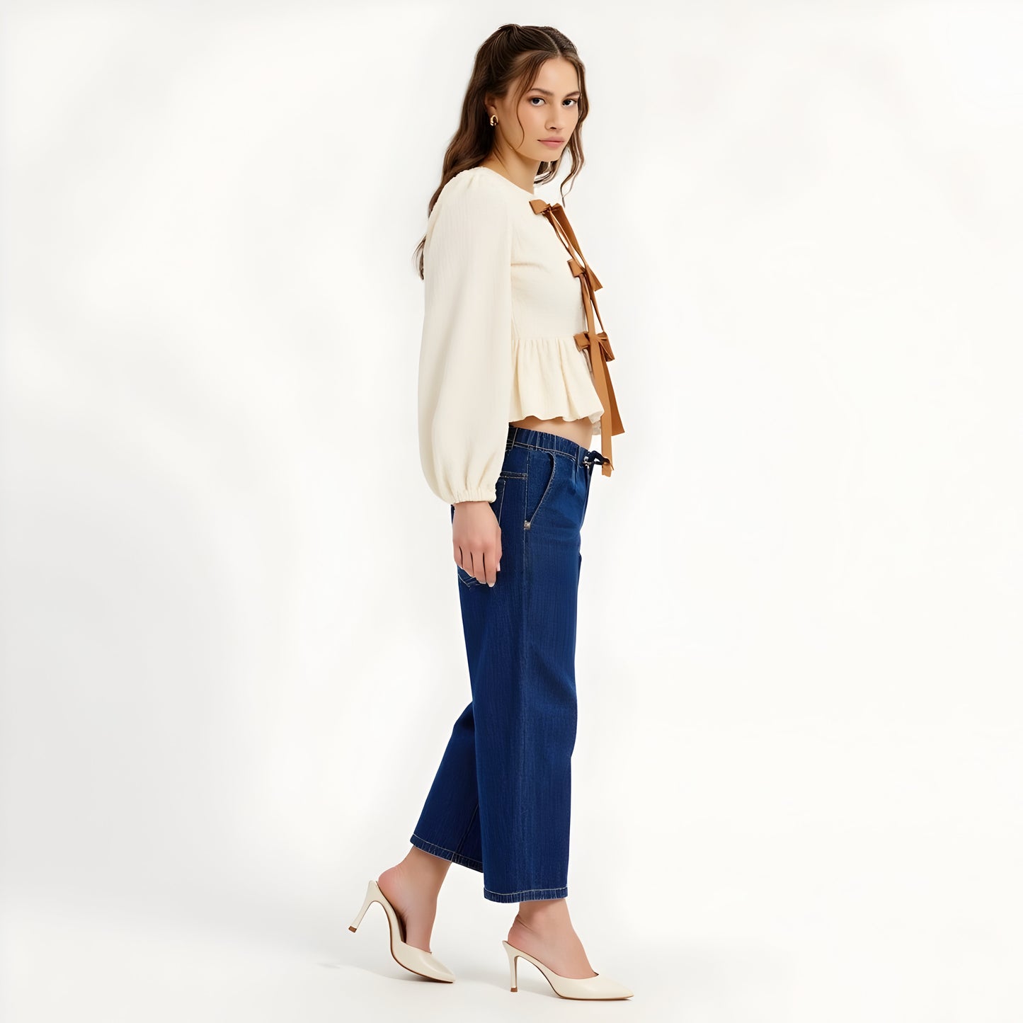 Textured Peplum Top with Long Sleeves, Bows and Puff Shoulder