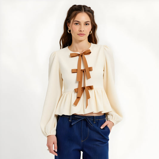 Textured Peplum Top with Long Sleeves, Bows and Puff Shoulder