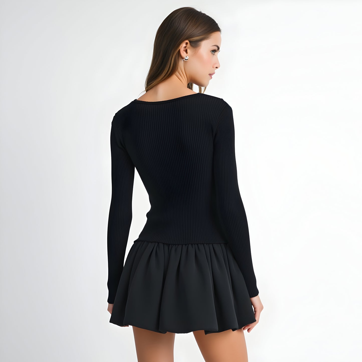 Knit and Woven Fit-and-Flare Mini Dress with Ribbed Long Sleeve Top