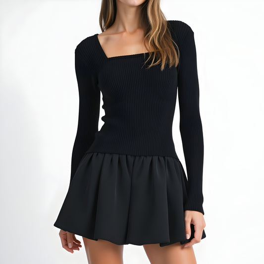 Knit and Woven Fit-and-Flare Mini Dress with Ribbed Long Sleeve Top