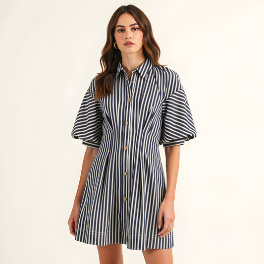 Striped Shirt Dress with Puff Elbow Sleeves, Button Front and Tailored Fit