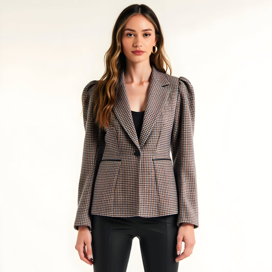 Houndstooth Blazer with Puff Shoulders, Notch Lapels and Single Button