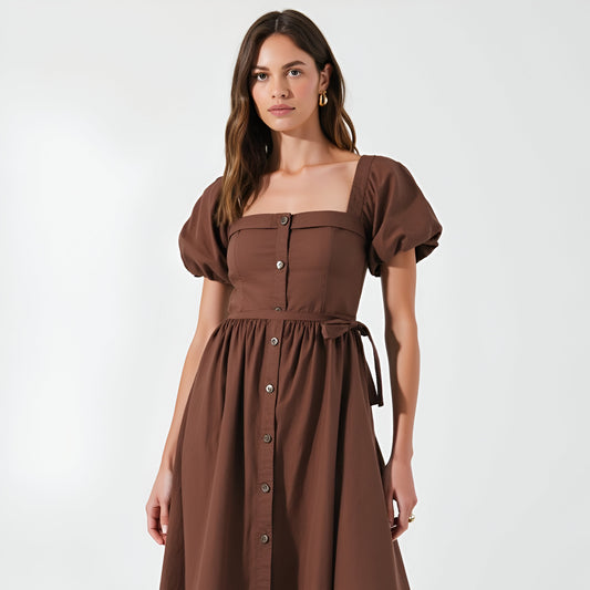 Square Neck Puff Sleeve Midi Dress with Side Tie Ribbon and Button Front