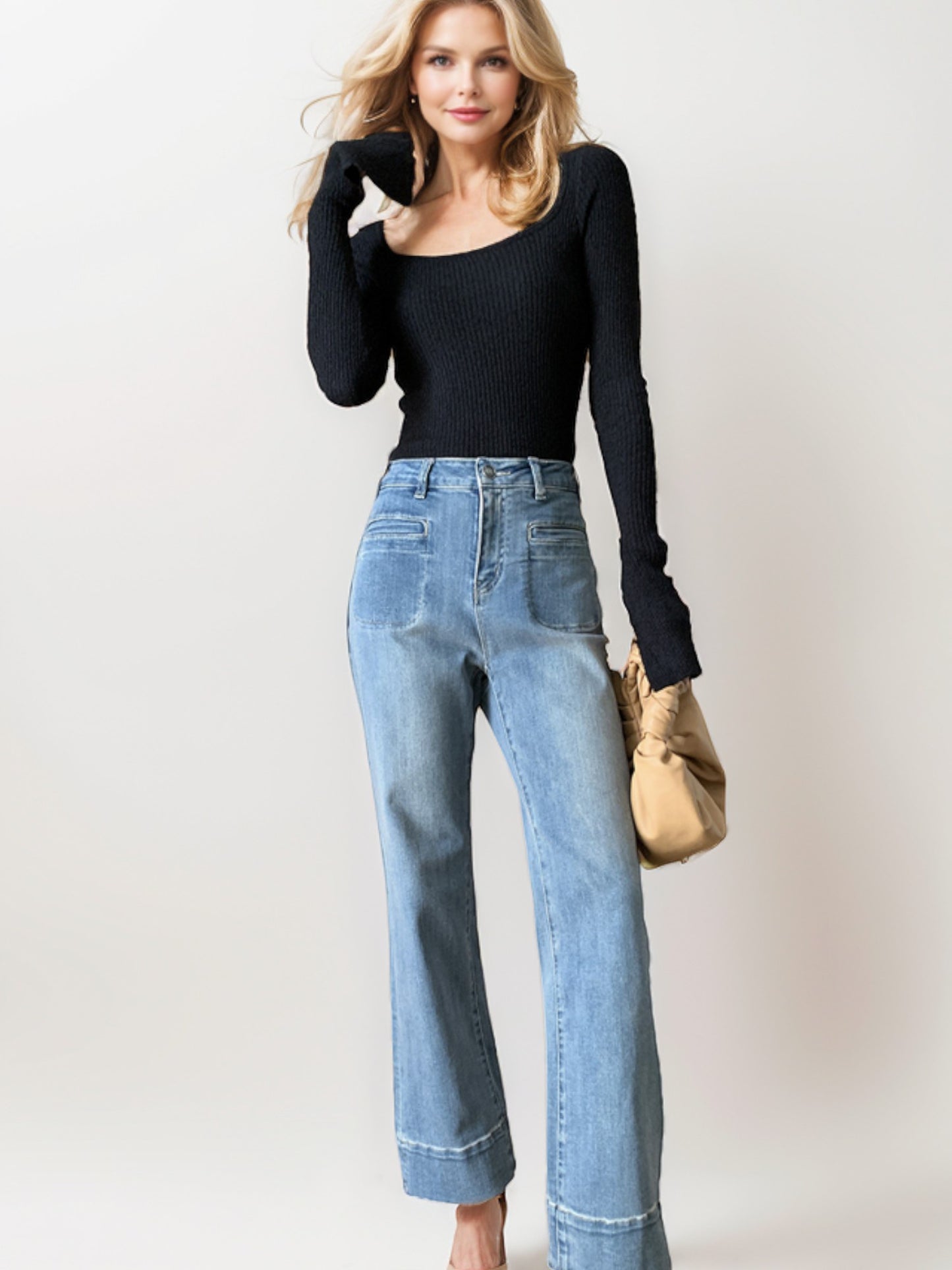 High-Waisted Wide-Leg Denim Jeans with Front Stitch Detailing and Back Pockets