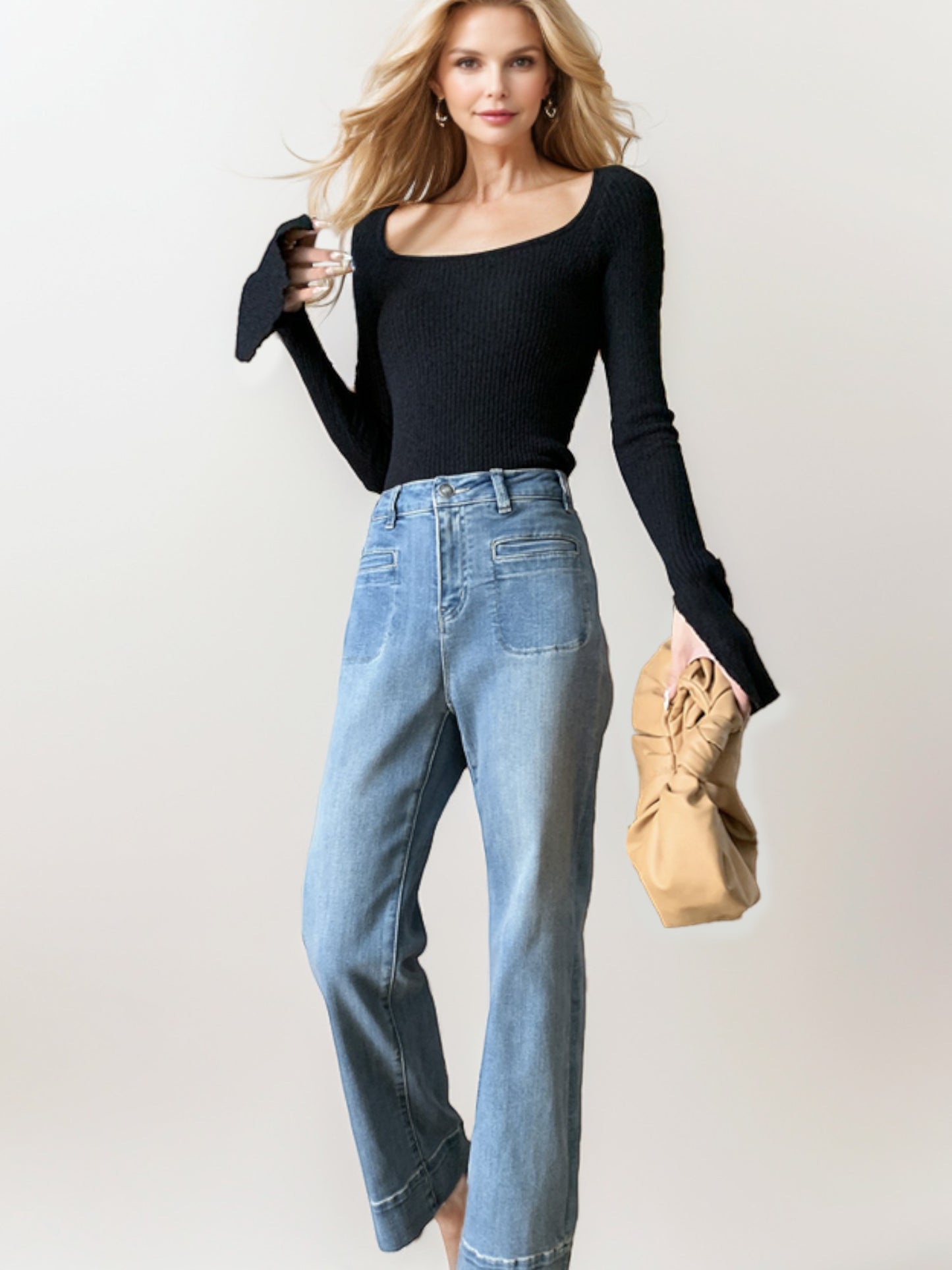 High-Waisted Wide-Leg Denim Jeans with Front Stitch Detailing and Back Pockets