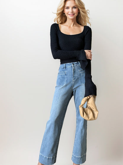 High-Waisted Wide-Leg Denim Jeans with Front Stitch Detailing and Back Pockets