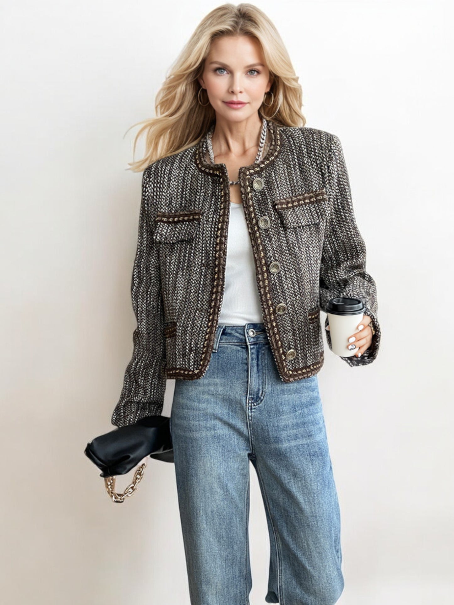 Textured Tweed Button-Up Jacket with Chain Details and Functional Pockets