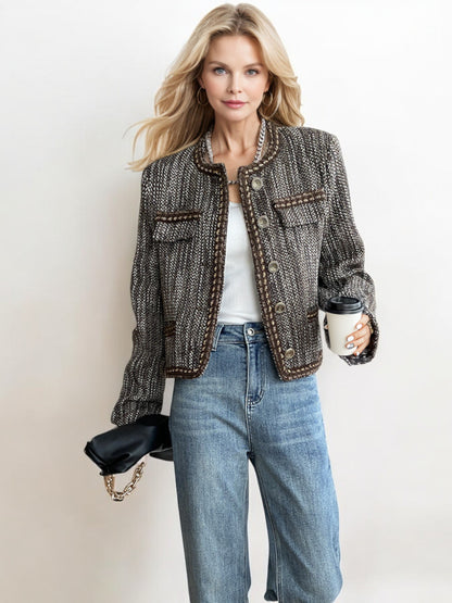 Textured Tweed Button-Up Jacket with Chain Details and Functional Pockets