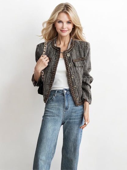 Textured Tweed Button-Up Jacket with Chain Details and Functional Pockets