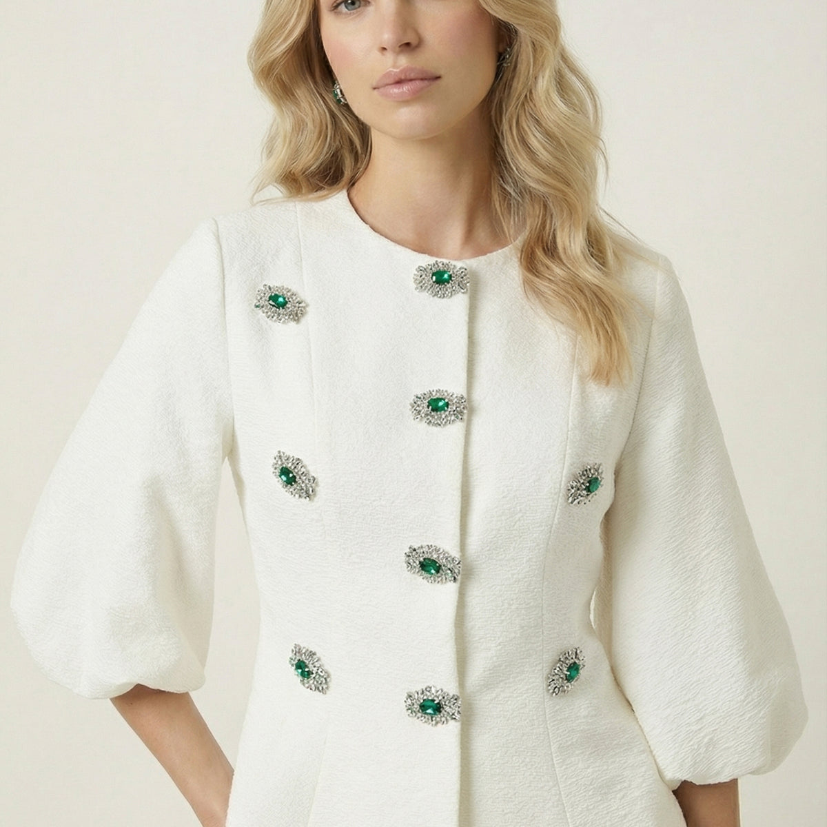Embellished Button Jacket with Puff Sleeves and Textured Finish – Modenaire