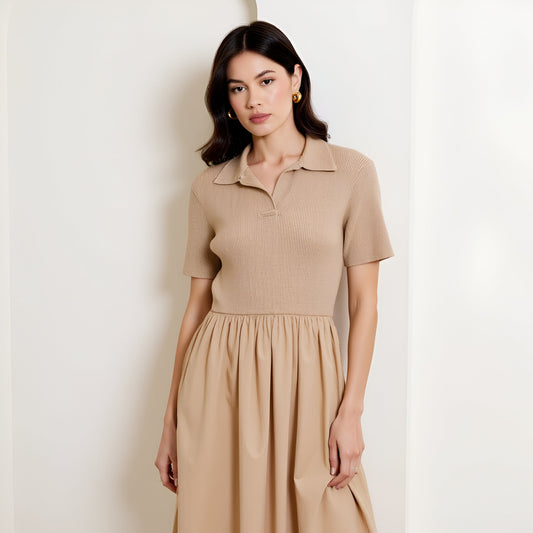 Polo Collar Short Sleeve Sweater Dress with Gathered A-Line Midi Skirt
