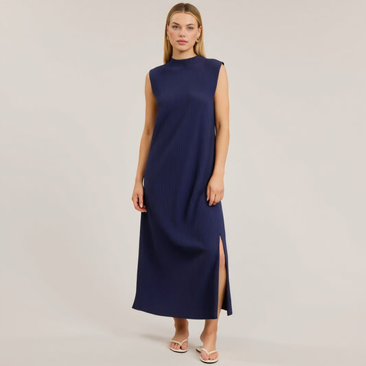 Sleeveless Ribbed Knit Midi Dress with Side Slit and High Neckline