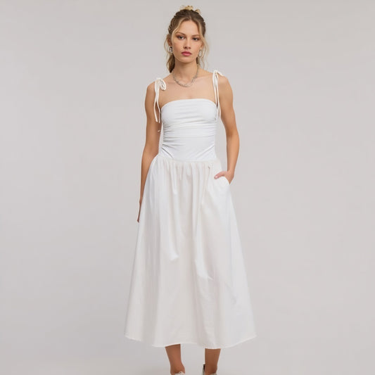 Ruched Bodice Midi Dress with Tie Straps and Gathered Full Skirt