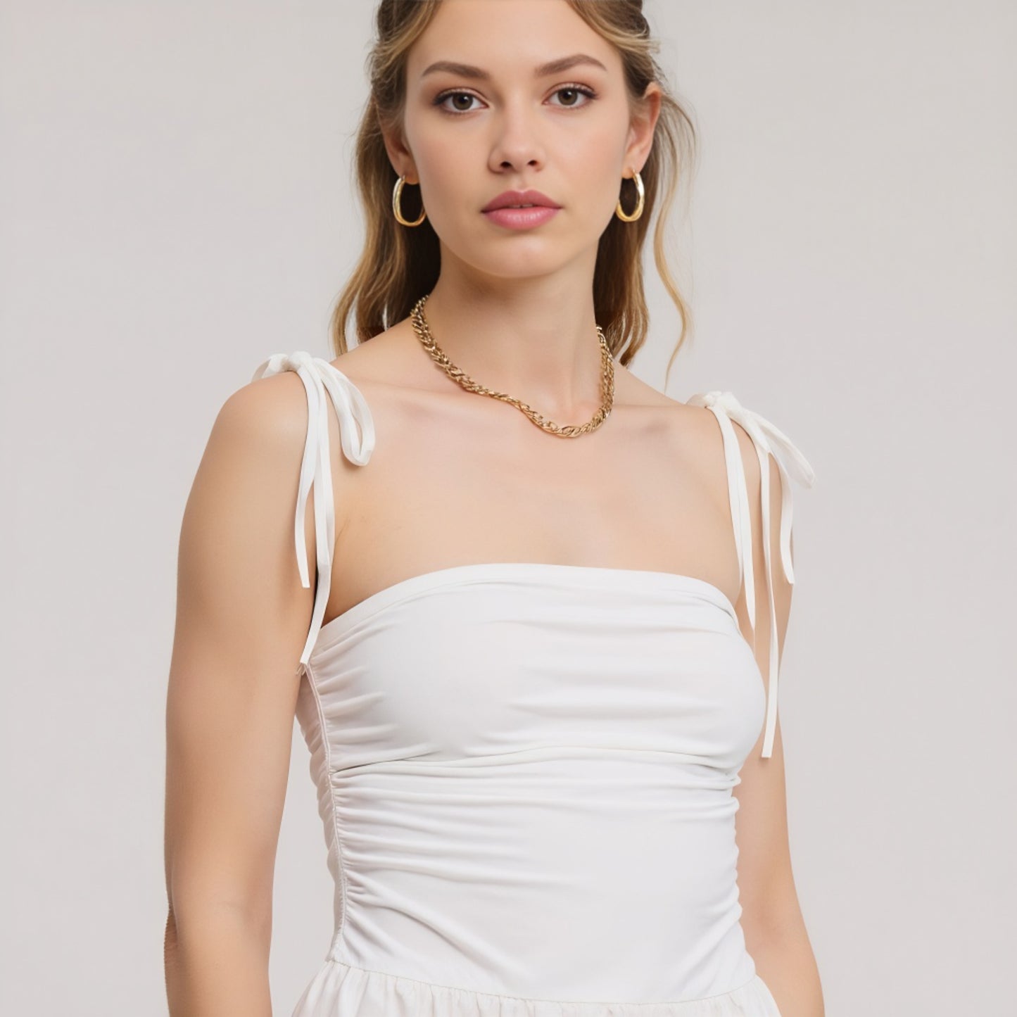 Ruched Bodice Midi Dress with Tie Straps and Gathered Full Skirt