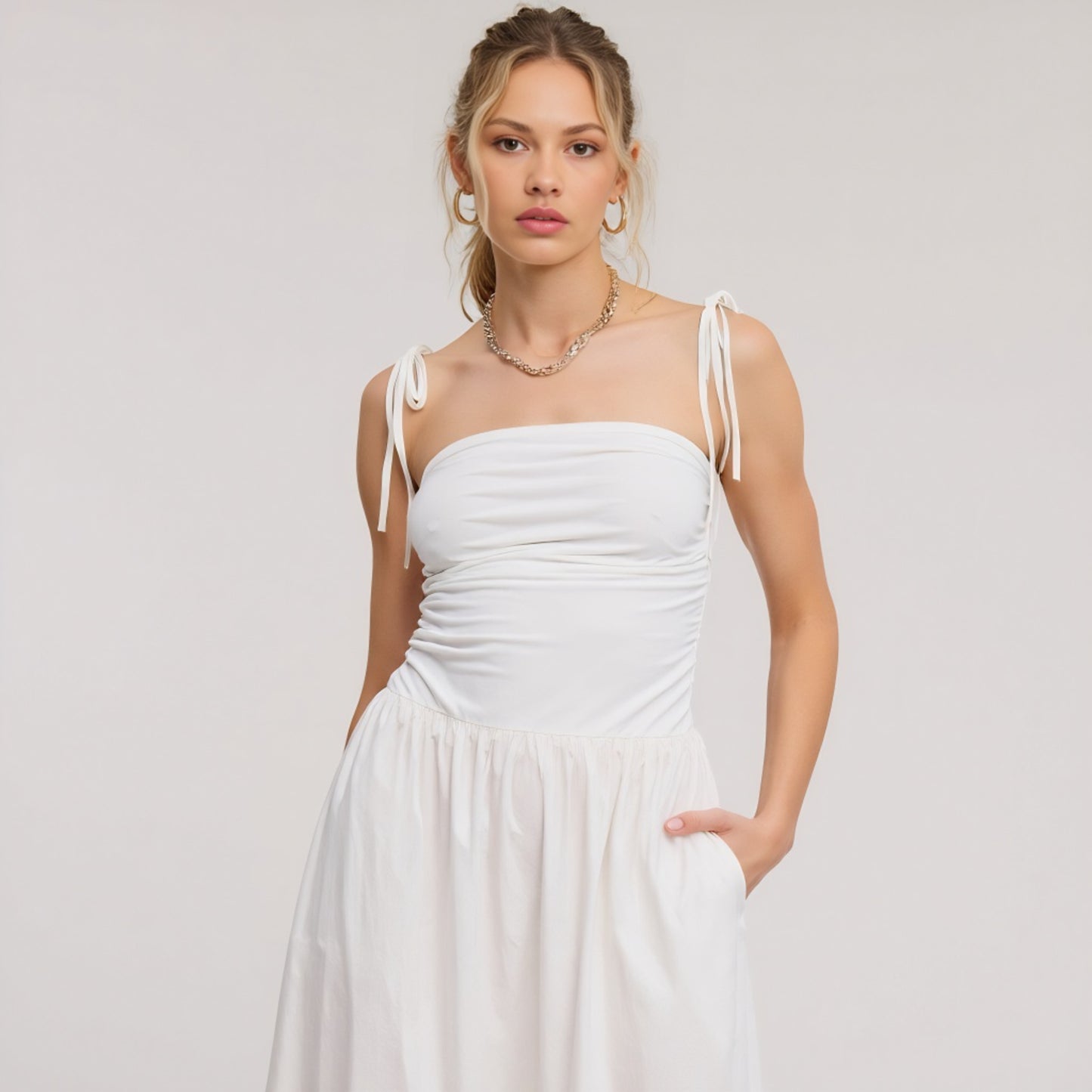 Ruched Bodice Midi Dress with Tie Straps and Gathered Full Skirt
