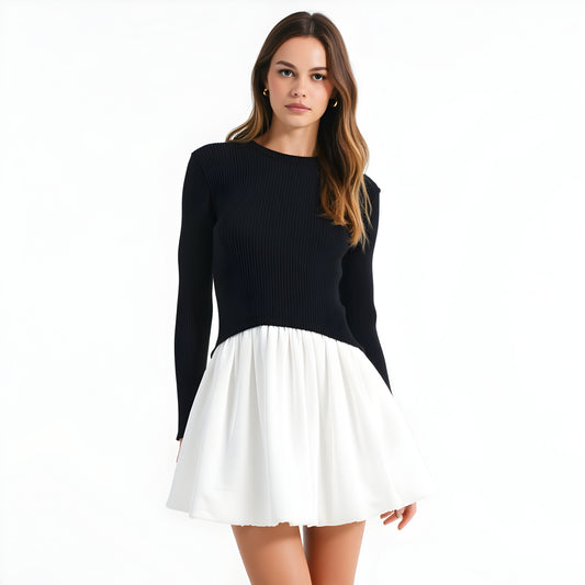 Knit and Woven Fit-and-Flare Mini Dress with Ribbed Long Sleeve Top