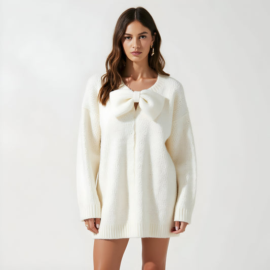 Oversized Knit Sweater Dress with Statement Bow and Ribbed Trim