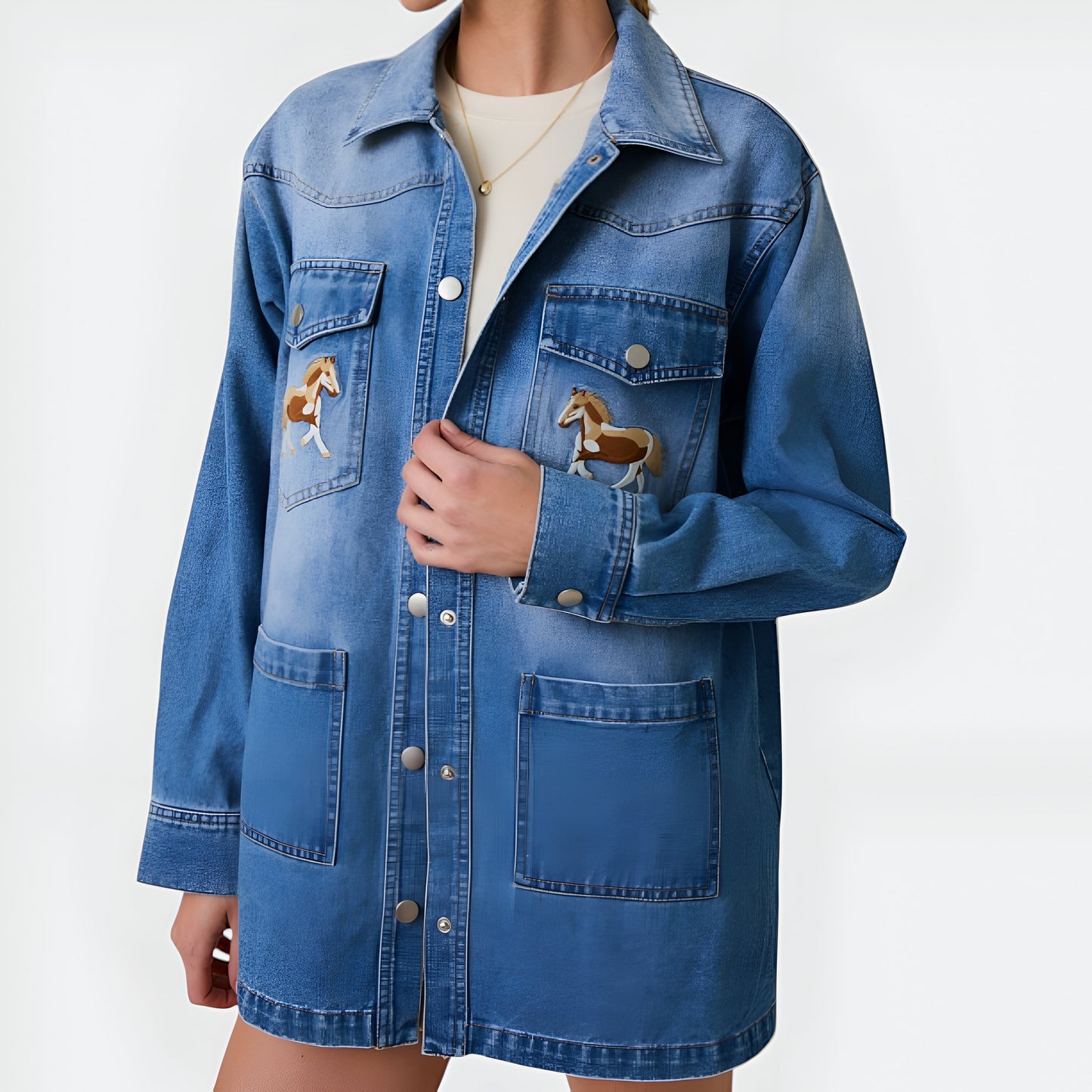 Denim Shirt Jacket with Embroidered Horse Detail and Oversized Patch Pockets