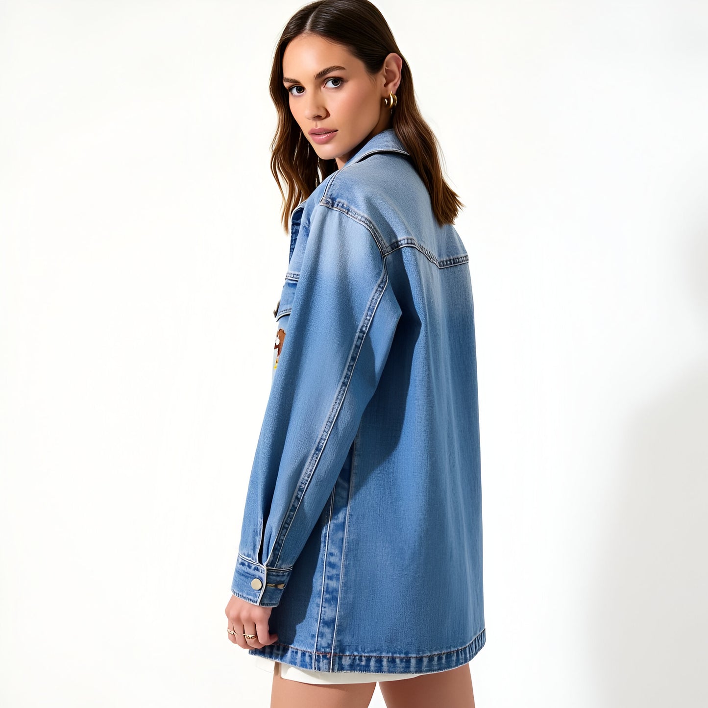 Denim Shirt Jacket with Embroidered Horse Detail and Oversized Patch Pockets