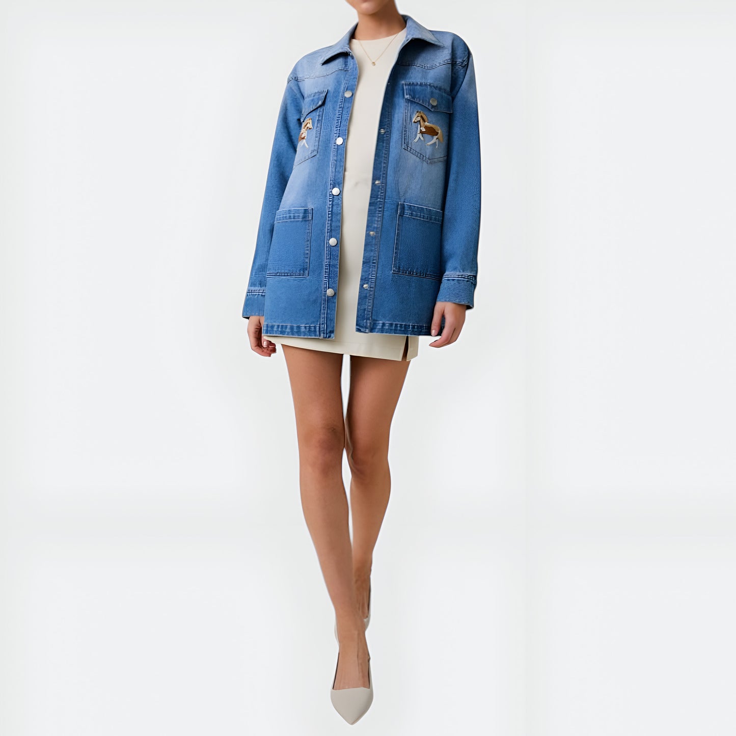 Denim Shirt Jacket with Embroidered Horse Detail and Oversized Patch Pockets