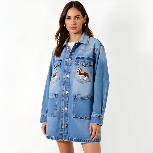 Denim Shirt Jacket with Embroidered Horse Detail and Oversized Patch Pockets