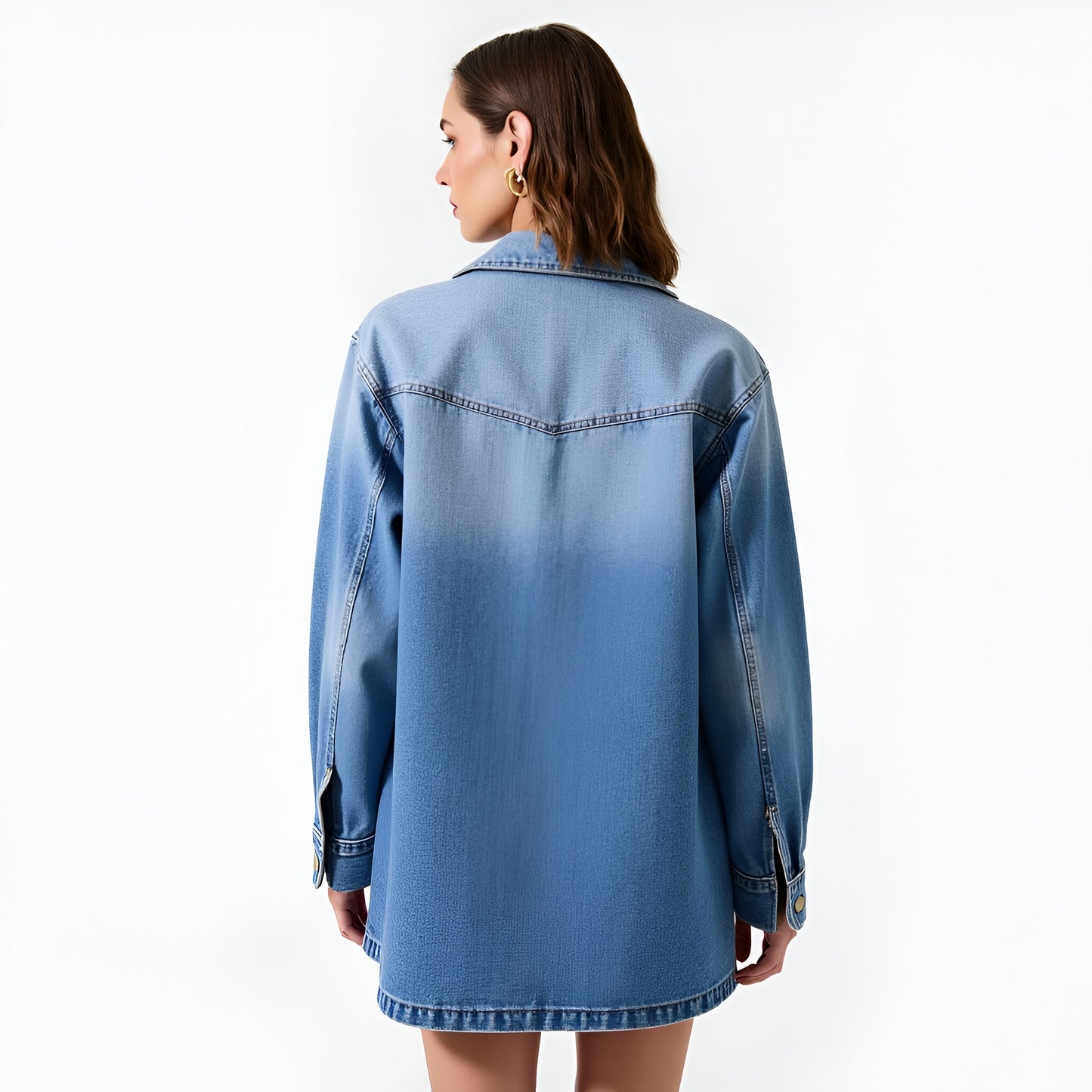 Denim Shirt Jacket with Embroidered Horse Detail and Oversized Patch Pockets