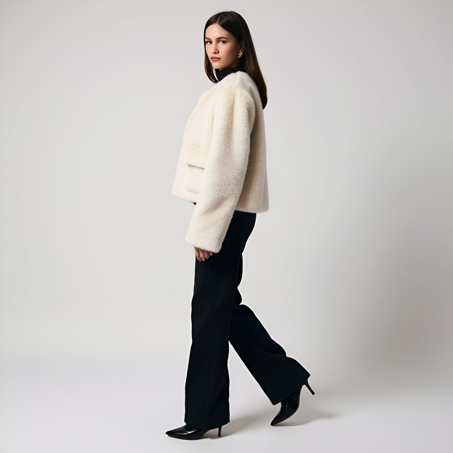 Faux Fur Cropped Jacket with Patch Pockets and Clean Collarless Finish