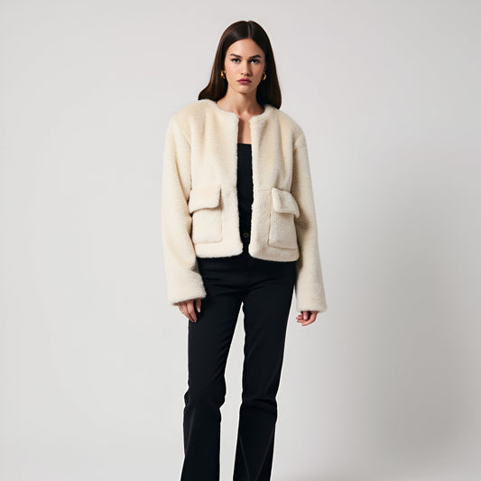 Faux Fur Cropped Jacket with Patch Pockets and Clean Collarless Finish